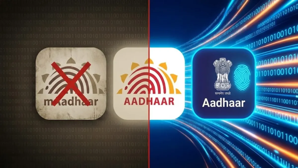 Smartphone screen displaying the new Aadhaar app selective sharing and age verification features for privacy in Telugu.