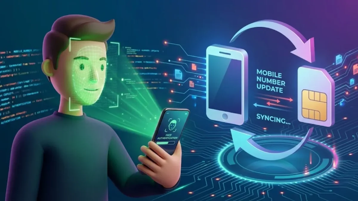 A 3D illustration showing how to update mobile number in Aadhaar app using face authentication explained in Telugu.