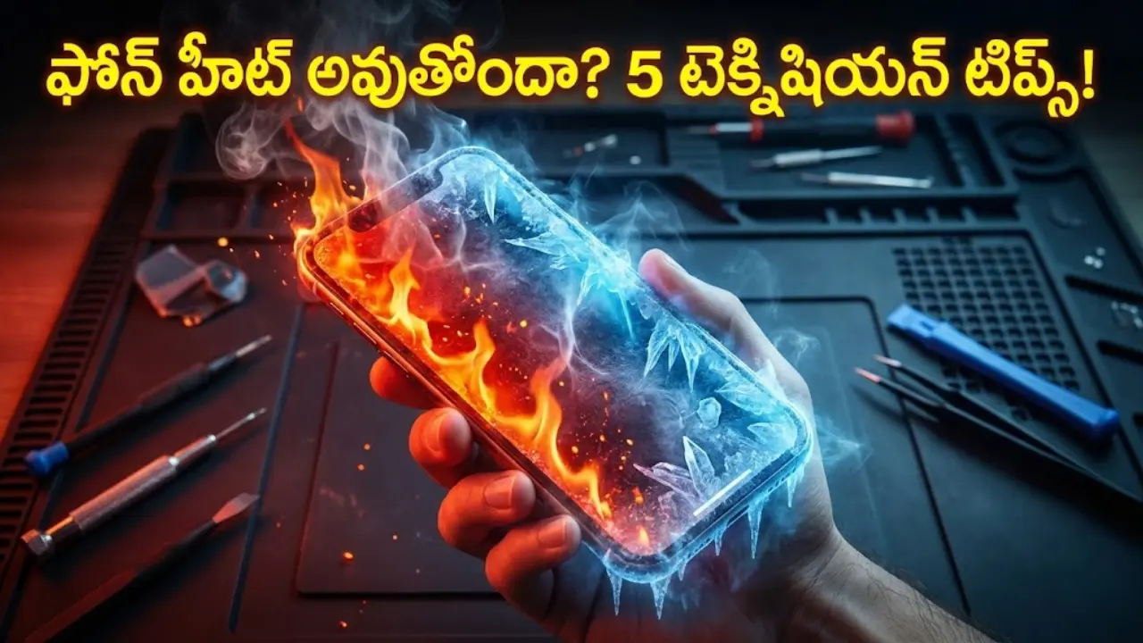 "A conceptual header image for a tech blog post about fixing mobile overheating. The image features a smartphone with a dramatic split-screen effect: the left half is glowing red with smoke to represent overheating, while the right half is covered in blue frost and ice to represent cooling solutions. Large, bold Telugu text overlaying the top reads: 'ఫోన్ హీట్ అవుతోందా? 5 టెక్నీషియన్ టిప్స్!'."