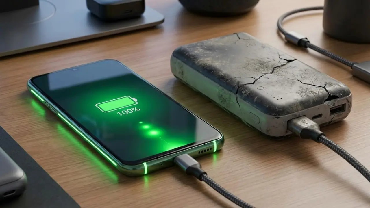 OnePlus Nord 6 with 9000mAh battery destroying a power bank concept art, highlighting massive battery life compared to OnePlus Nord 5 and Turbo 6