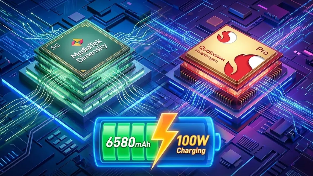 Comparison of MediaTek Dimensity 7400 Ultra vs Snapdragon 7s Gen 4 processors and 6580mAh battery with 100W fast charging for Redmi Note 15 Pro series.