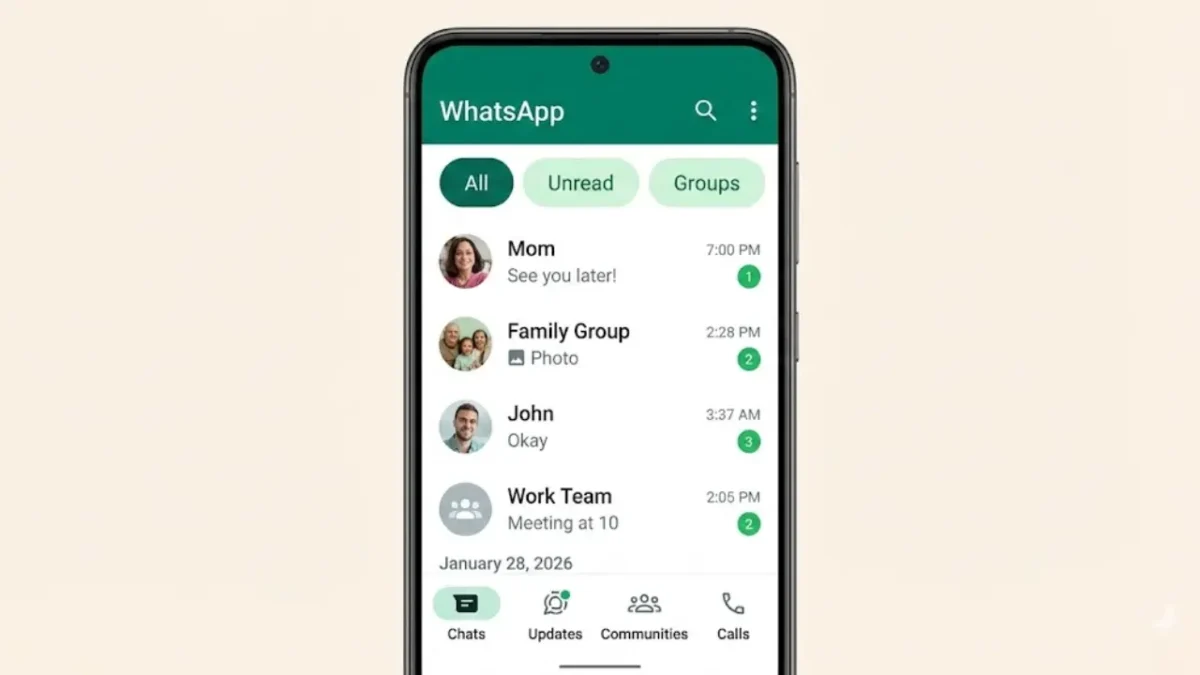WhatsApp chat screen showing new filter chips for All, Unread, and Groups to organize messages easily.