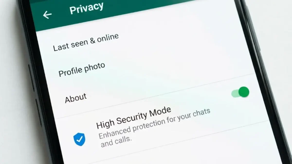 A smartphone screenshot showing the new WhatsApp High Security Mode toggle turned on in privacy settings, explained in Telugu blog.
