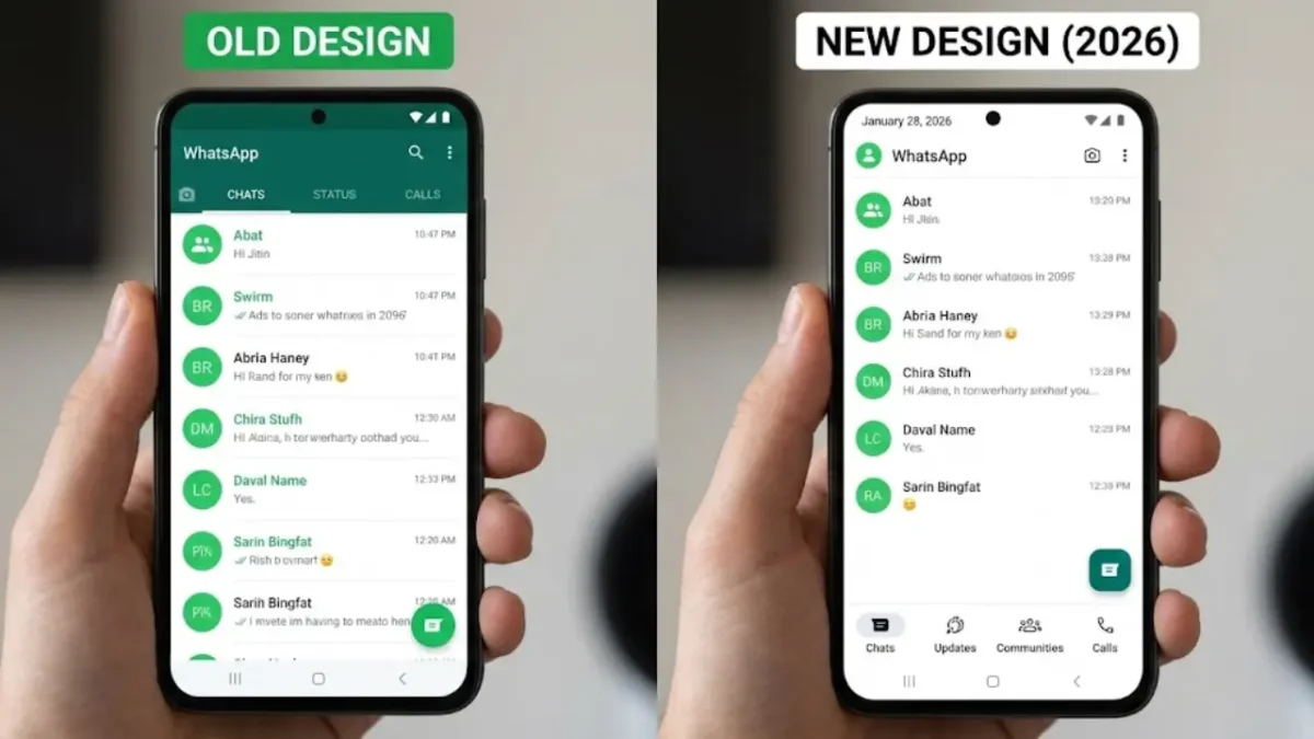 Comparison of WhatsApp old green bar design versus the new clean white interface with bottom navigation bar for Android users.
