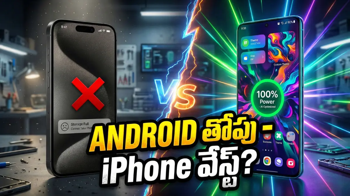 Comparison of iPhone storage full warning versus Android high performance battery and widgets in Telugu