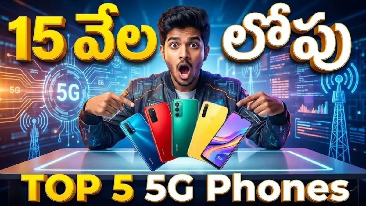 Top 5 Best 5G Mobiles Under 15000 in Telugu 2026 List featuring Vivo T4x, Redmi 15C, Oppo K13x, Samsung M17 and POCO M7 Plus