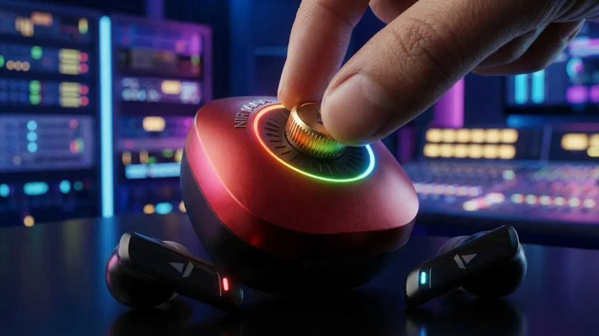 "Hand adjusting the gold dial on red boAt Nirvana earbuds case - Best Earbuds Review in Telugu"