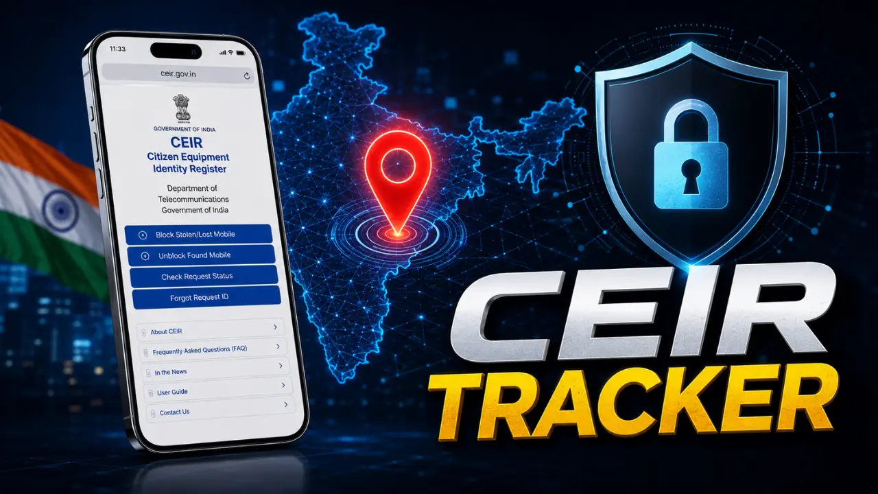 CEIR Mobile Tracker portal showing lost phone tracking, mobile blocking and recovery process in India