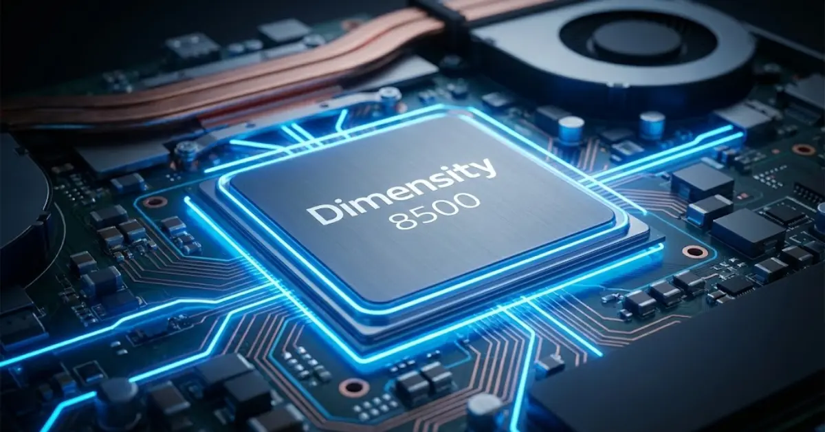 Close-up shot of the world's first MediaTek Dimensity 8500 chipset on Redmi Turbo 5 motherboard showing cooling system - Telugu Review.