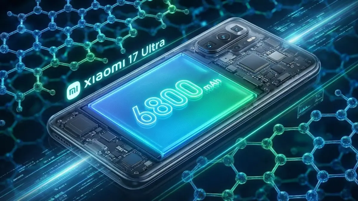 Illustration of Xiaomi 17 Ultra 6800mAh silicon-carbon battery and 100W fast charging technology.