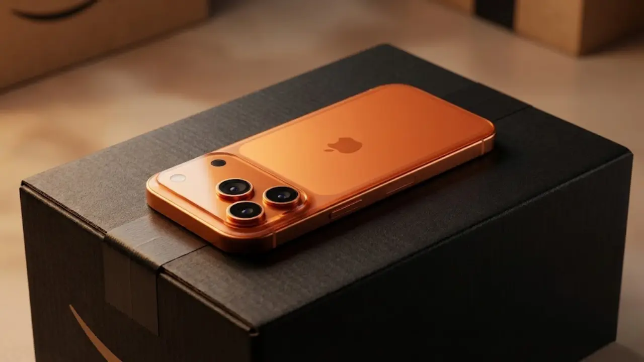 "New iPhone 17 Pro in Cosmic Orange color lying on Amazon box with triple camera setup during Republic Day Sale"