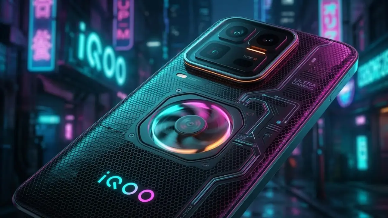 "iQOO 15 Ultra gaming smartphone featuring active cooling fan and cyberpunk back design""iQOO 15 Ultra gaming smartphone featuring active cooling fan and cyberpunk back design"