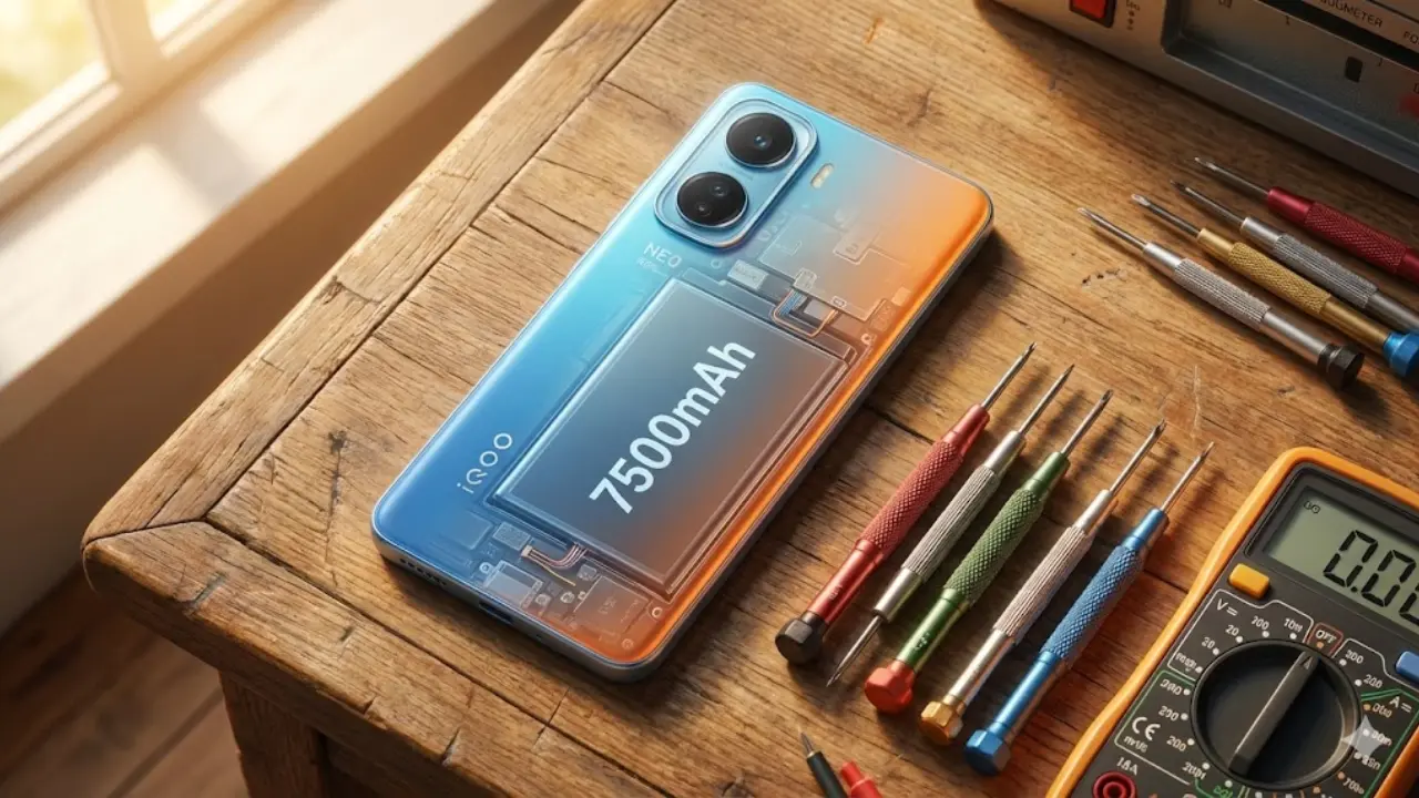 iQOO Neo 11 7500mAh Battery Internal View on Repair Desk with Tools for Telugu Review