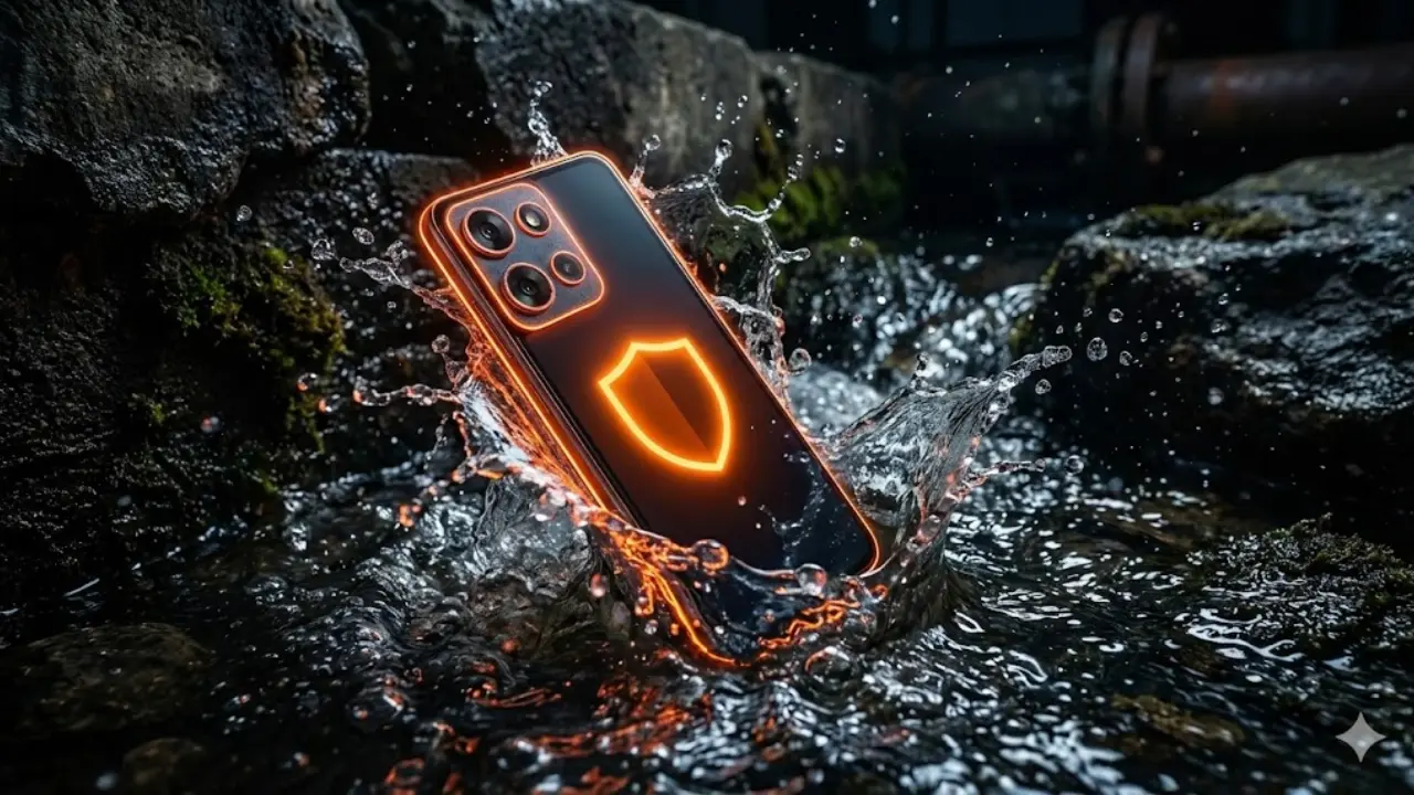 Moto G Power 2026 smartphone with glowing shield icon in water splash indicating IP69 waterproof rating and durability.