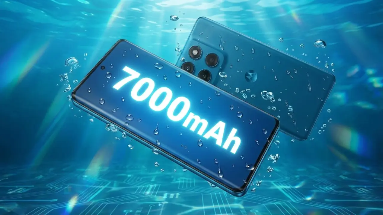 Motorola Edge 70 Fusion floating in water showing 7000mAh battery and IP69 rating feature telugu