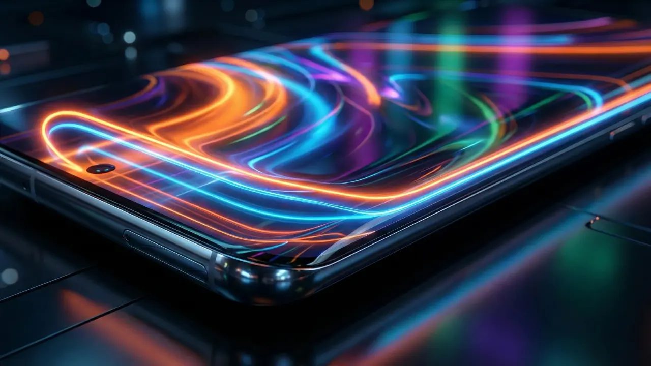 Motorola Edge 70 Fusion curved display with neon lights highlighting 5200 nits brightness.