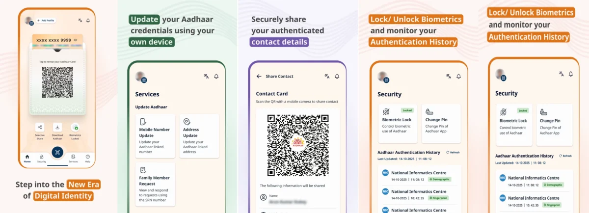 Smartphone screen displaying the new Aadhaar app selective sharing and age verification features for privacy in Telugu.