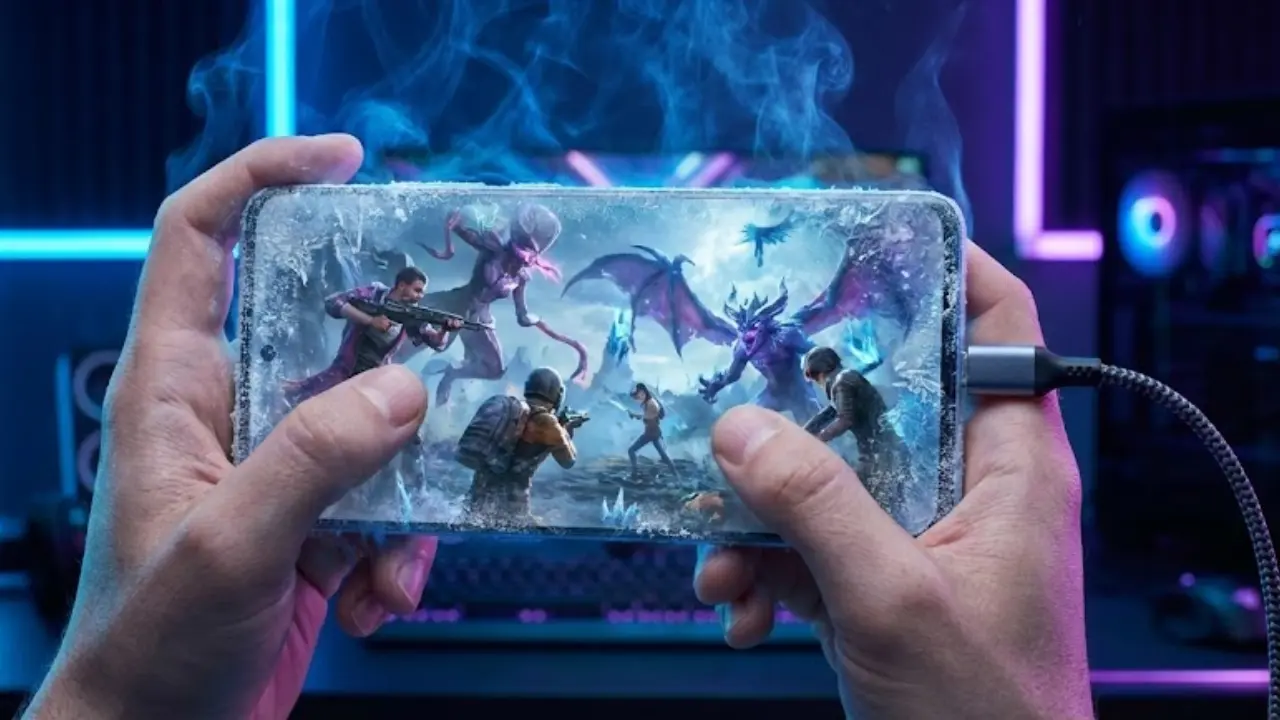 "OnePlus 13 smartphone showing frost and ice during gaming due to Bypass Charging feature enabled in OxygenOS 16, preventing heating issues, explained in Telugu."