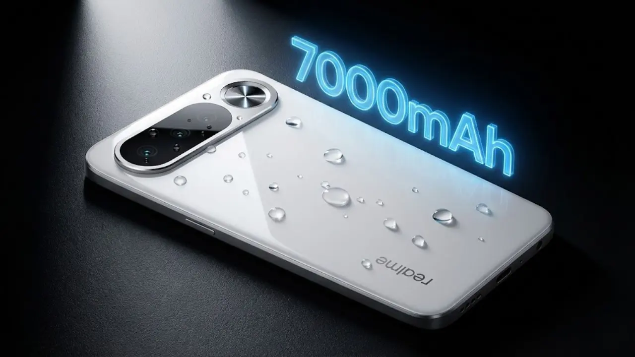 Realme 16 5G back panel design showing 7000mAh battery holographic text and water droplets indicating IP69K waterproof rating.