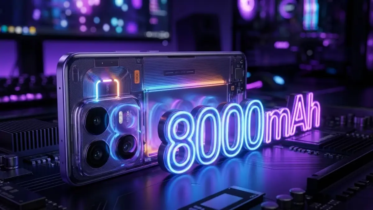 Realme Neo 8 Cyber Purple smartphone with 8000mAh battery and transparent RGB back design