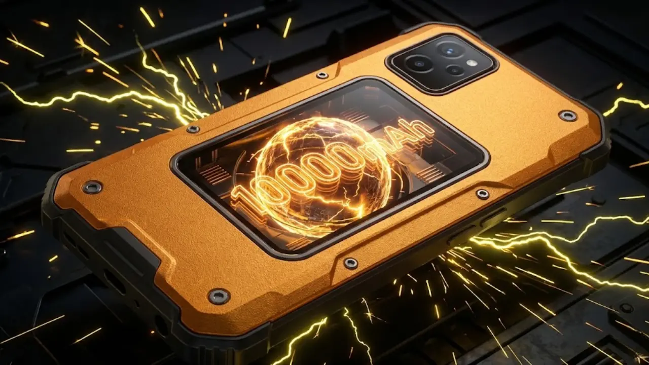 "Realme P4 Power concept smartphone with orange leather finish and 10000mAh battery box design"