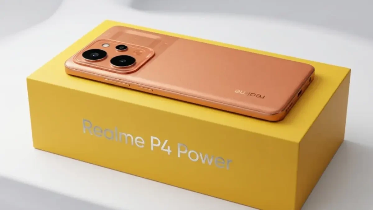 "Realme P4 Power concept smartphone with orange leather finish and 10000mAh battery box design"