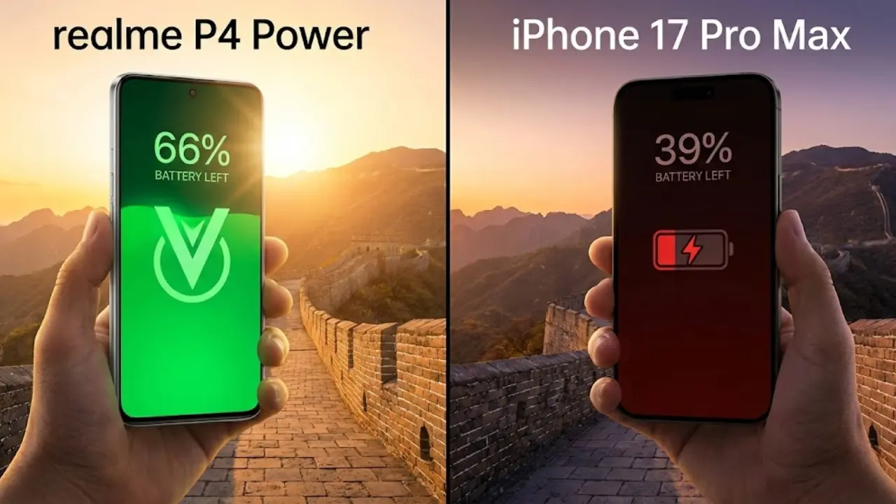 Realme P4 Power 10001mAh vs iPhone 17 Pro Max battery test comparison at Great Wall of China showing 66% vs 39% remaining charge.