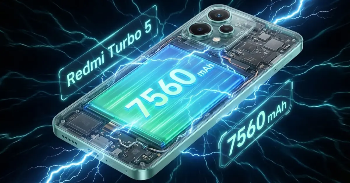 Futuristic transparent view of Redmi Turbo 5 showing massive 7560mAh battery and 100W fast charging technology - Telugu Review.