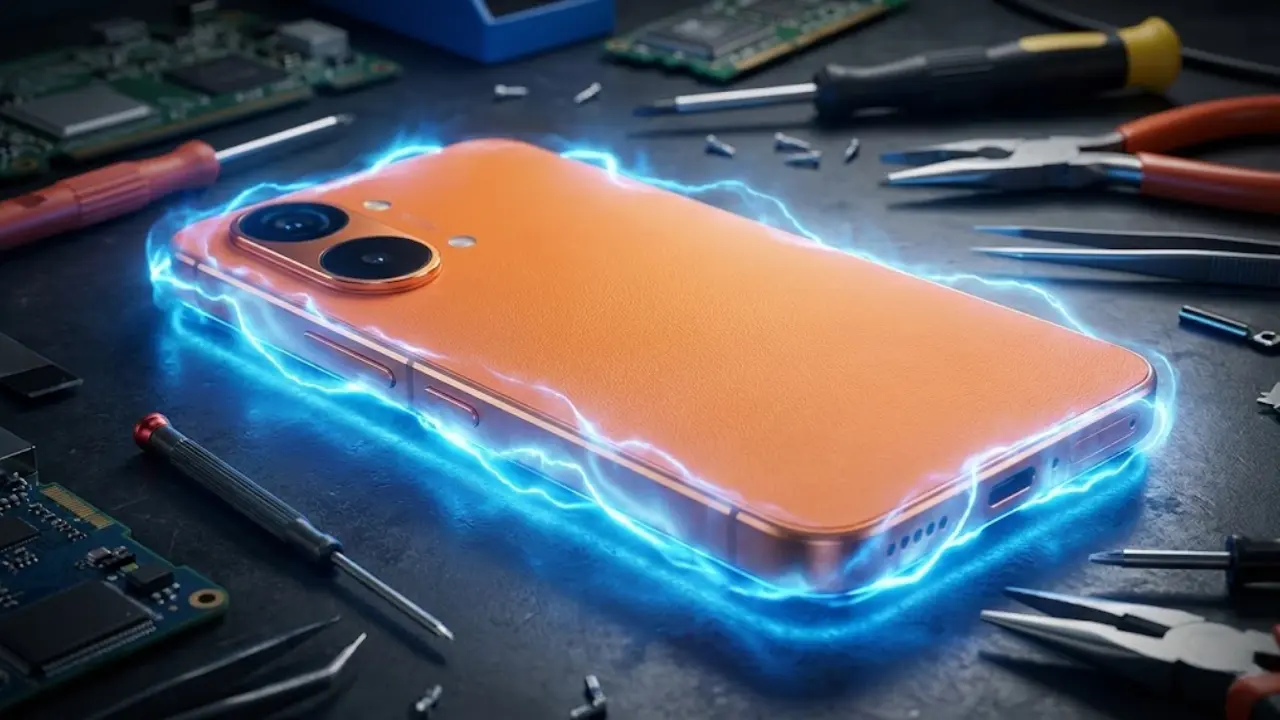 Redmi Turbo 5 Max smartphone with massive 9000mAh battery on technician workbench - POCO X8 Pro concept.