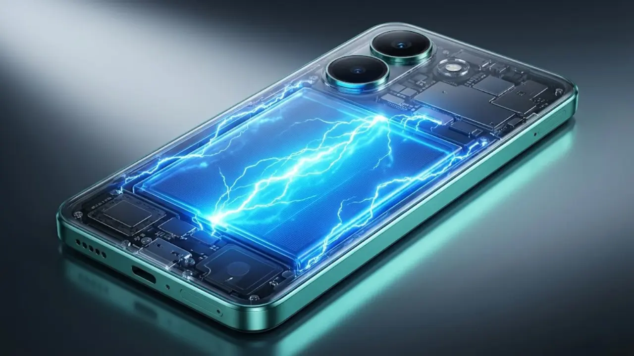 Futuristic Redmi Turbo 5 with transparent back showing a huge, glowing blue internal battery cell symbolizing immense power - Telugu Review.