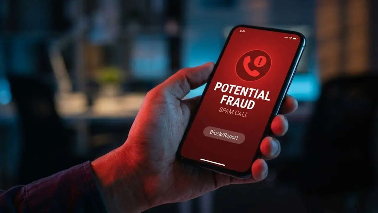 Smartphone screen showing Potential Fraud alert - How to Report Spam Calls to TRAI and 1930 Helpline in Telugu