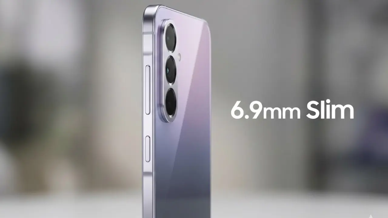 Side view of Samsung Galaxy A57 showing 6.9mm slim body and triple camera setup in violet color.