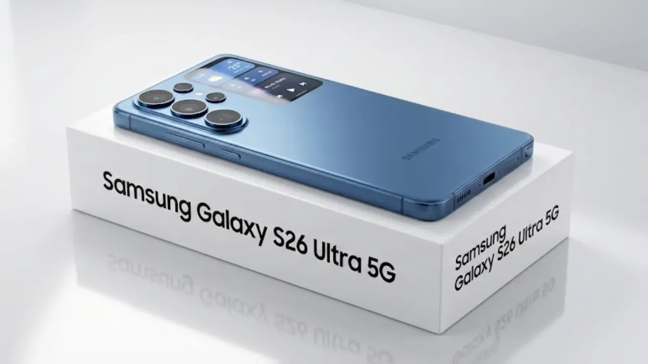 "Samsung Galaxy S26 Ultra 5G concept smartphone in blue color resting on retail box, showing new design leaks and features explained in Telugu."