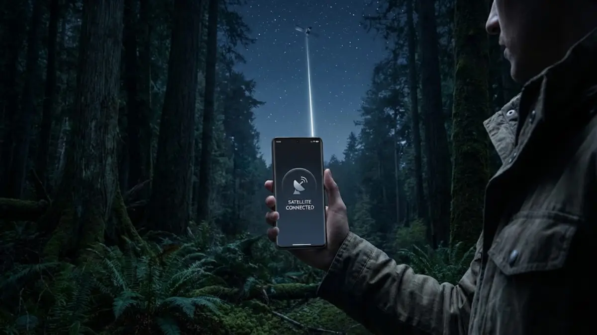 Xiaomi 17 Ultra dual satellite connectivity feature demonstration in a no-signal forest area.