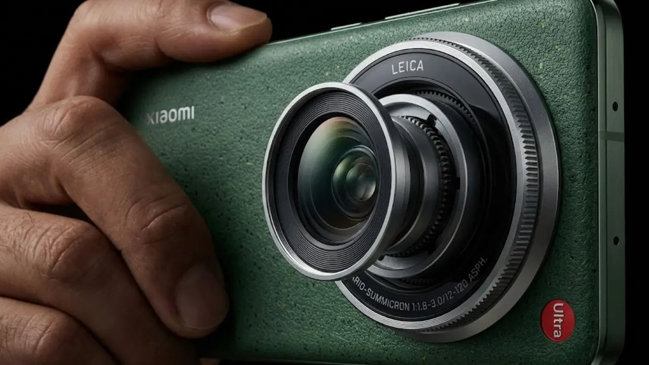 Close-up of a hand twisting the rotating camera ring on the Xiaomi 17 Ultra Green Leather edition, showing the DSLR-like zoom mechanism - Telugu Review.