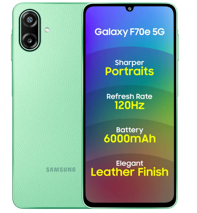 Samsung Galaxy F70e Limelight Green smartphone with premium leather pattern back design and 6000mAh battery - Telugu Technician Review