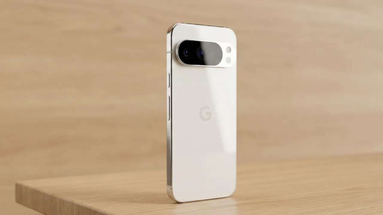 Premium Google Pixel 10 Pro smartphone in Porcelain white color standing upright on a wooden table, showcasing its sleek design and AI features for Telugu tech review.
