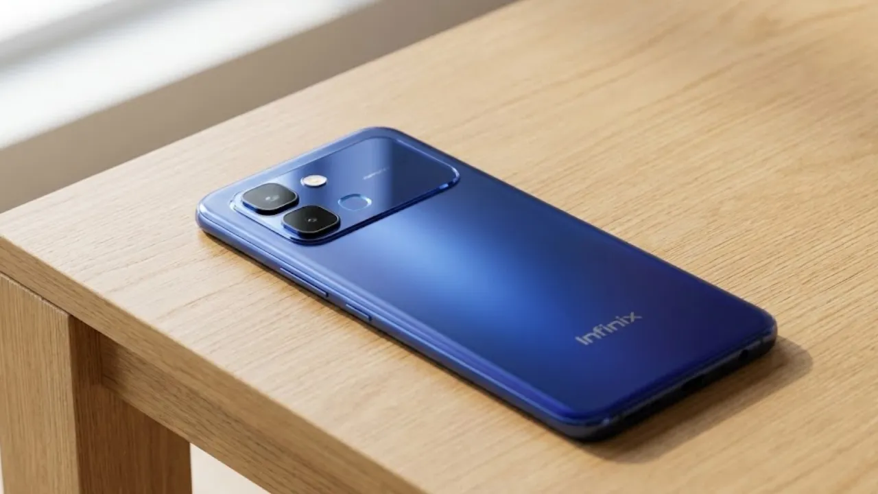 Side profile of Infinix Note Edge 5G on a wooden desk, highlighting its 7.2mm ultra-slim body, curved AMOLED display, and premium orange leather back with iPhone-style camera module.