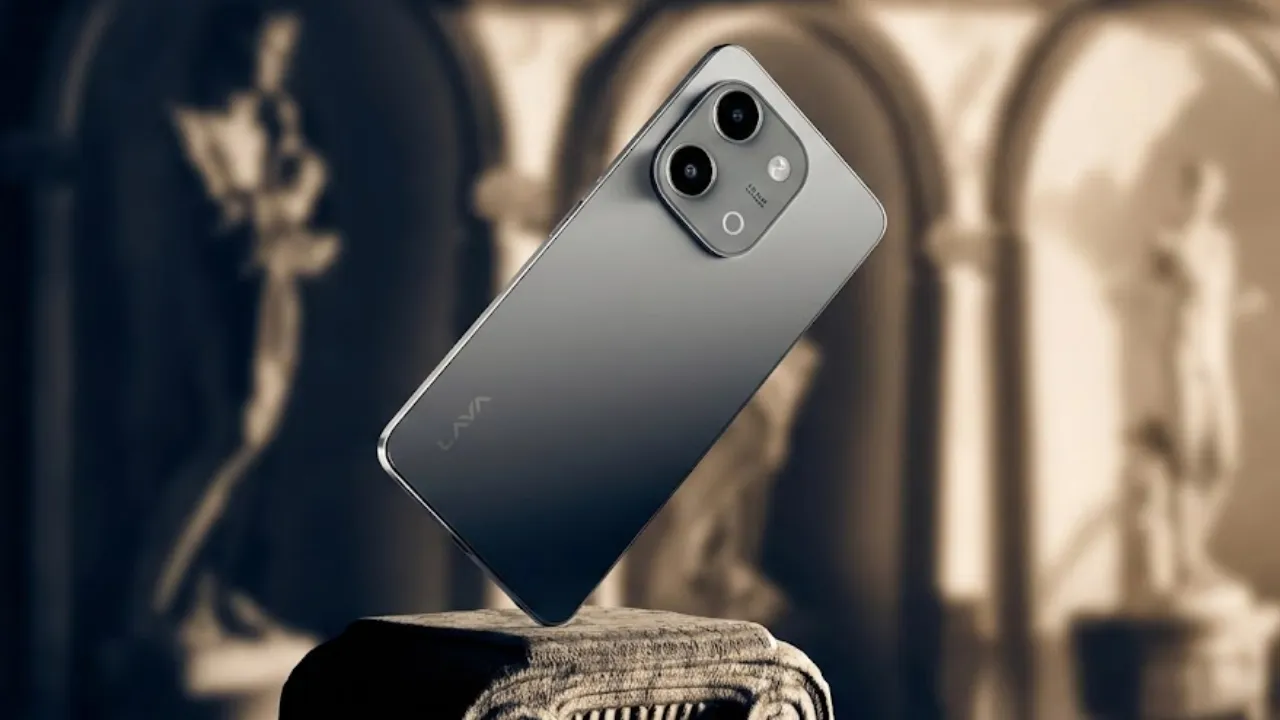 Sleek Lava Bold N2 budget smartphone on a clean white desk, highlighting its clean Android experience and free home service for Telugu tech review.