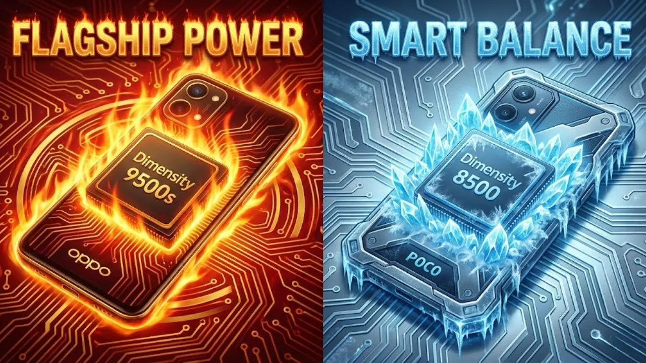 Comparison of MediaTek Dimensity 9500s vs 8500 processors on a motherboard, highlighting potential heating issues and cooling system differences for OPPO Find X9s and POCO smartphones.