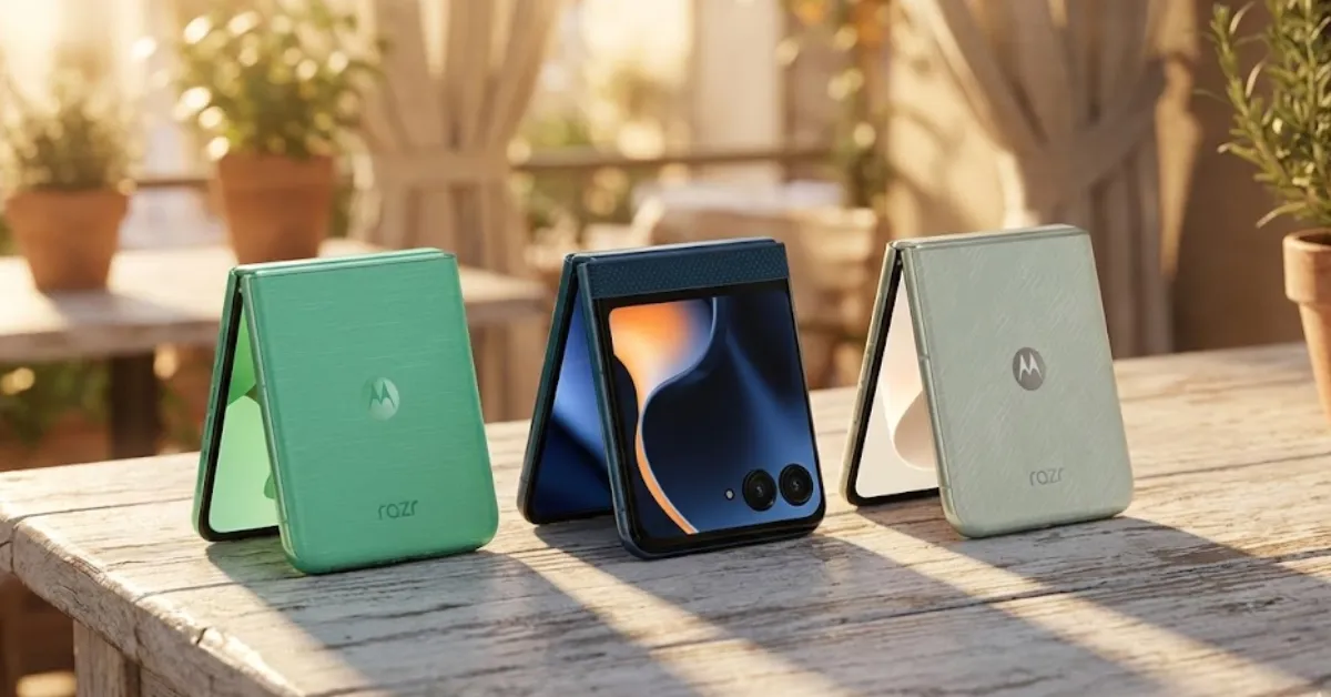 Motorola Razr 70 flip phones in new green and blue colors showing hinge design on wooden table