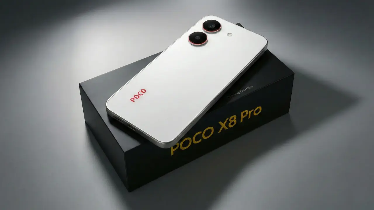Redmi Turbo 5A (Poco X8 Pro India) back panel flat design with 50MP triple camera setup and metal frame.