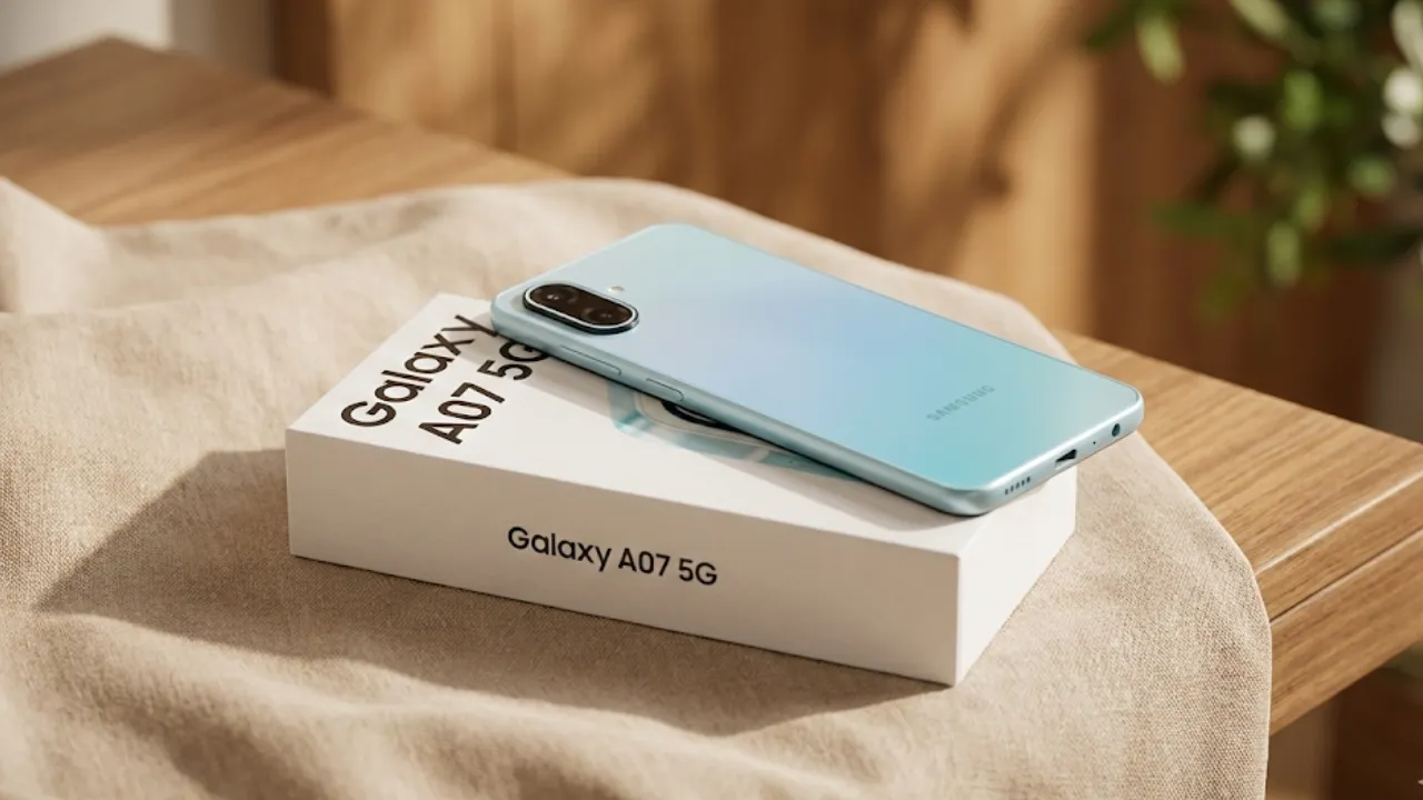 Samsung Galaxy A07 5G smartphone showing design and display, budget Samsung phone with long software update support