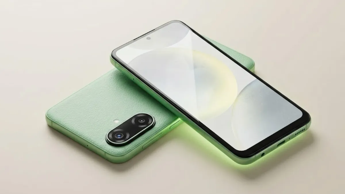 Samsung Galaxy F70e 5G smartphone back design with triple camera on wooden table - Budget Phone India