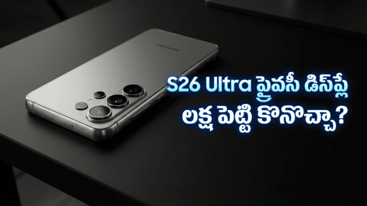 Premium Samsung Galaxy S26 Ultra smartphone in titanium grey on a dark desk, highlighting its privacy display and Snapdragon 8 Elite Gen 5 processor for Telugu tech review.