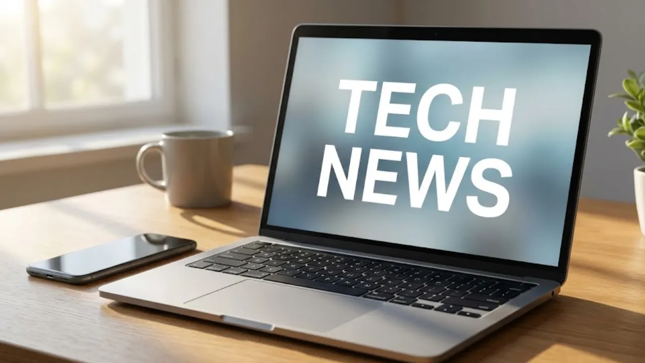 A modern laptop displaying TECH NEWS on screen next to a smartphone on a wooden desk, representing the latest updates on Apple MacBook, 200MP camera phones, and AI.com domain sale in Telugu.