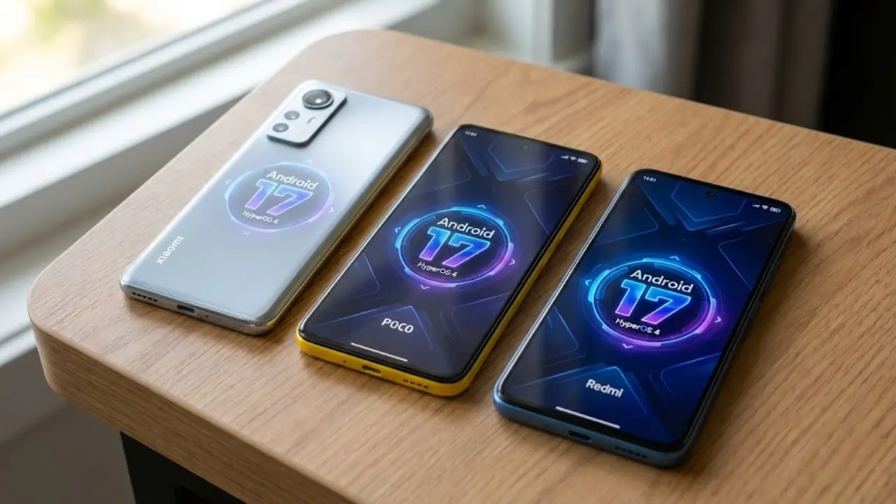 Three smartphones from Xiaomi, POCO, and Redmi on a wooden desk displaying the new Android 17 and HyperOS 4 update on their screens. Full eligible devices list in Telugu.