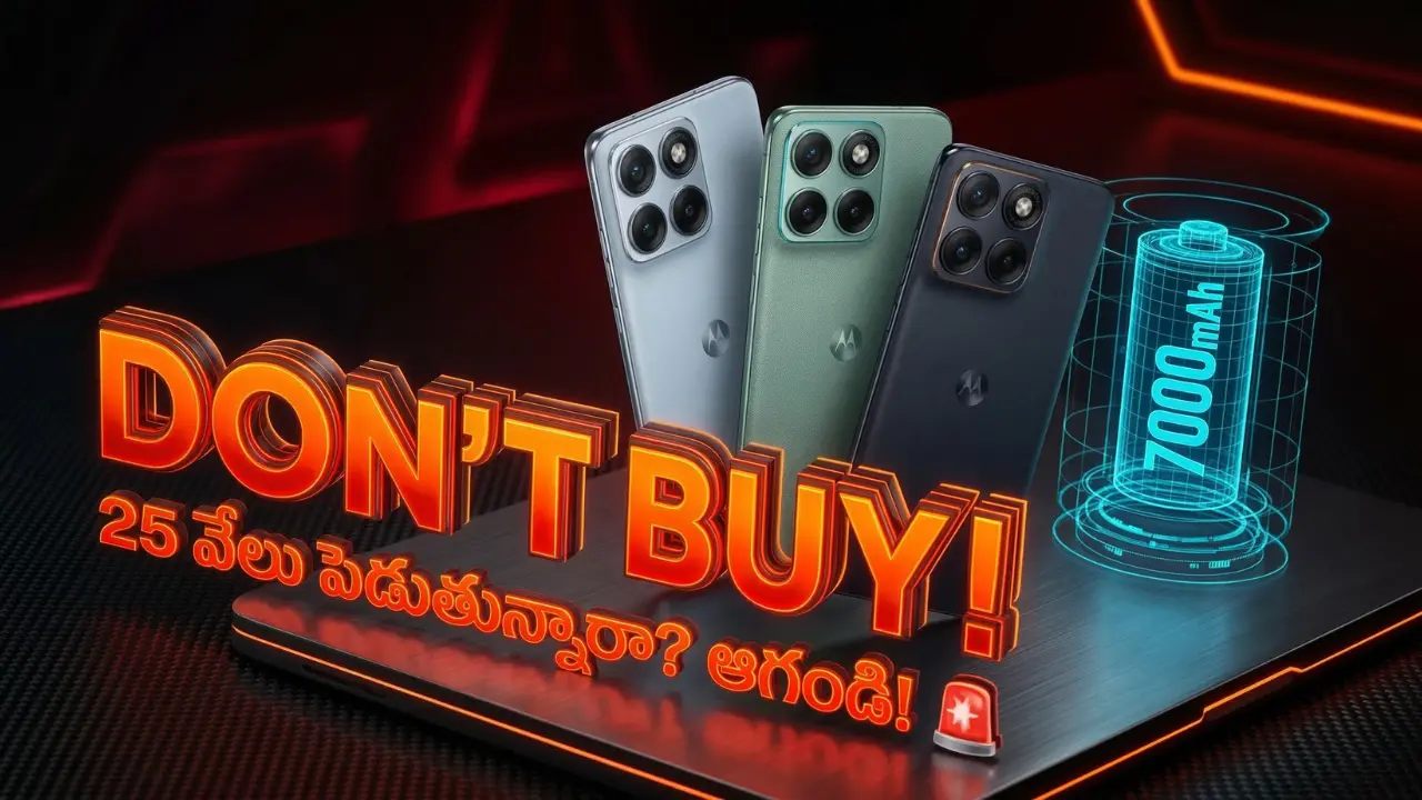 A dramatic tech review image of the new Motorola Edge 70 Fusion highlighting the 7000mAh battery and review warning for Telugu tech news readers on Taja Points.