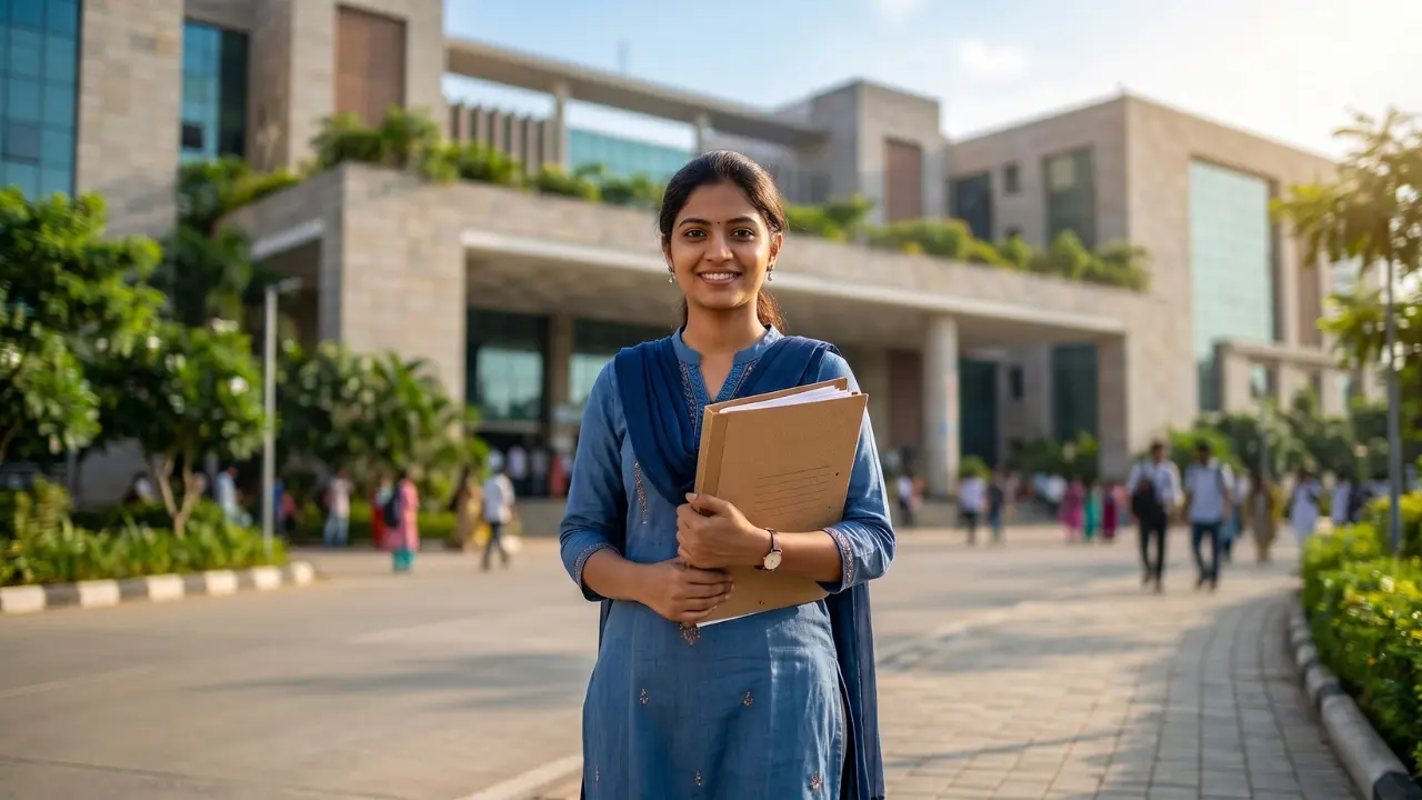 A professional photograph of a young female job aspirant representing DM&HO Guntur recruitment 2026 telugu notification. No Exam Merit based selection.