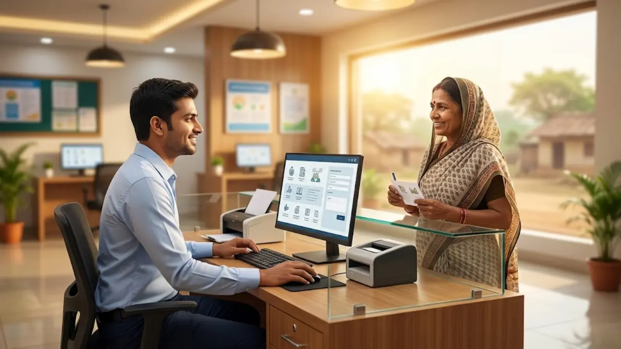 A professional photograph of an Indian youth running a digital service center representing Adilabad MeeSeva franchise notification 2026.